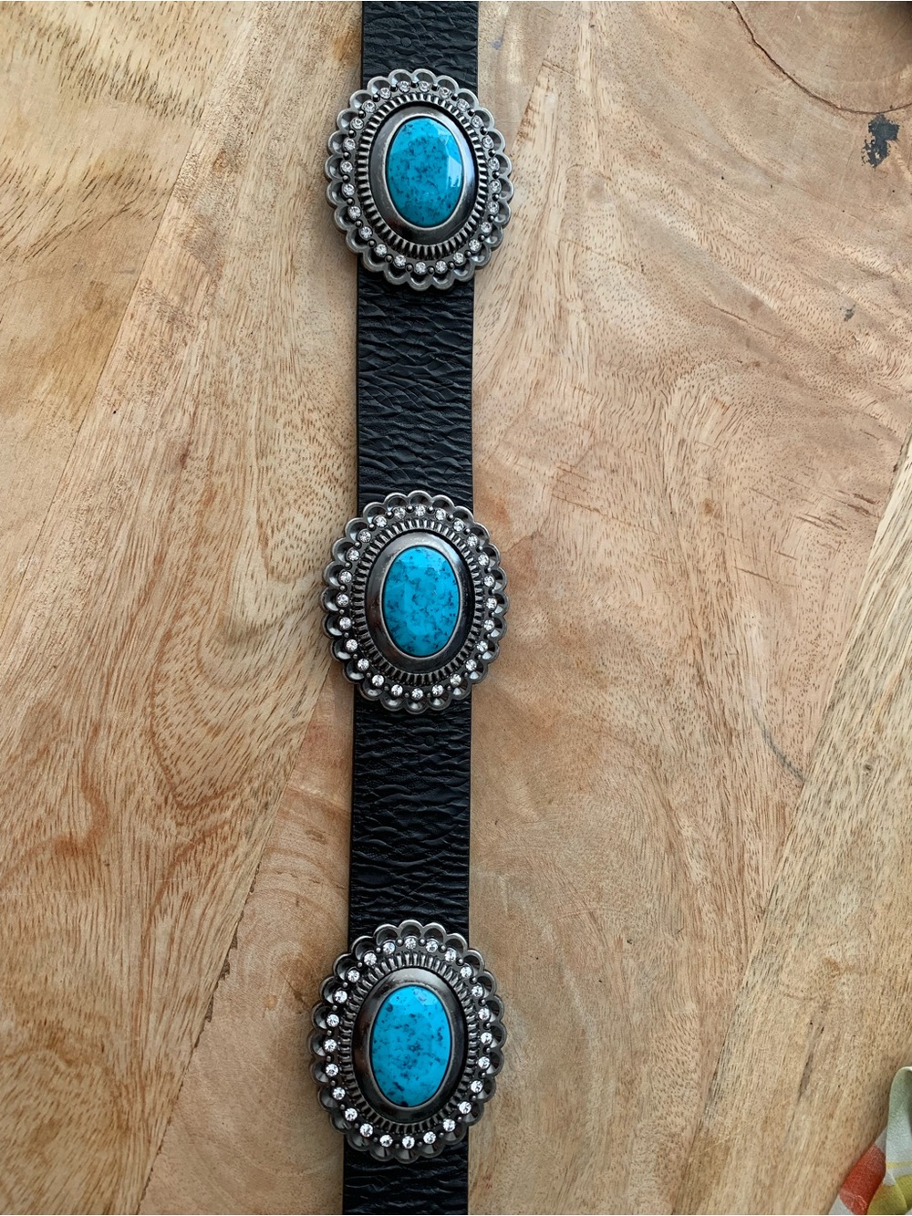 CHRISTINE ALEXANDER Concho Swarovski Crystals Turquoise Blk Leather Belt size L - Picture 6 of 8